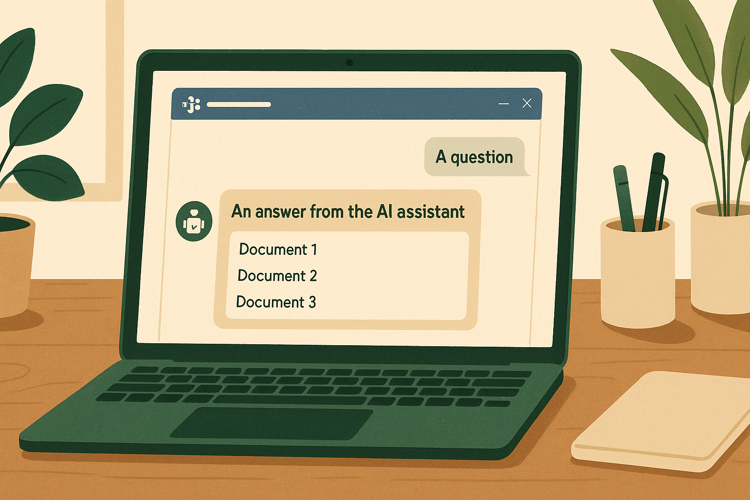 A Microsoft Teams chat window showing the knowledge assistant bot answering a question, with cited source documents linked below the answer.